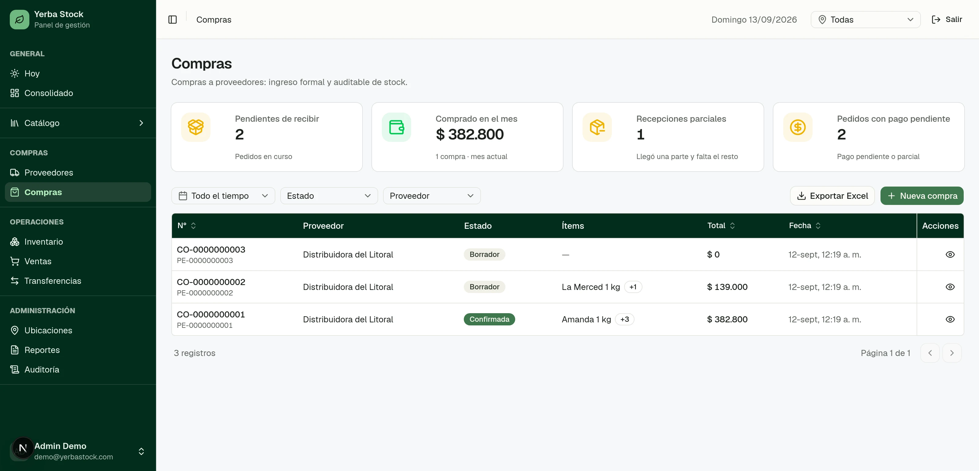 Listado de compras a proveedores con su número, el pedido que las originó, el estado, el total y cuánto falta recibir.